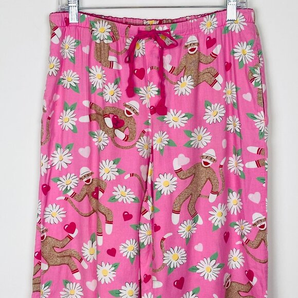 Nick & Nora Pink Sock Monkey Flower Print Flannel PJ Pajama Pants, Size S - Picture 3 of 12